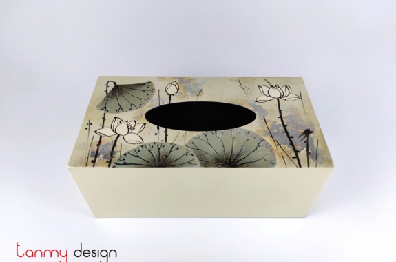 Cream tissue box hand-painted with lotus pond 12*25cm
